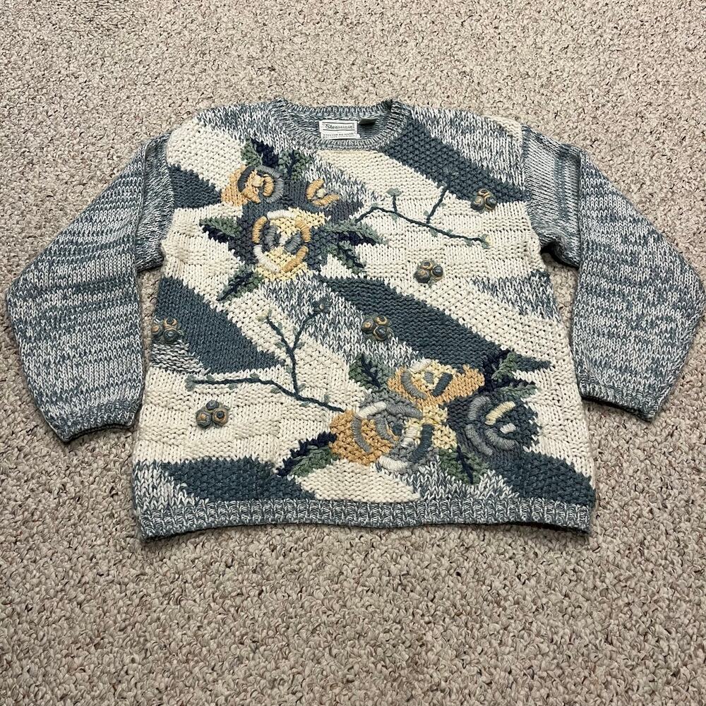 Shenanigans Hand Knit Floral Sweater M Grandmacore Cottagecore Vintage Cozy